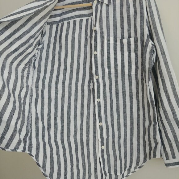 Lord + Taylor 100% linen striped button down shirt white blue grey Small - Picture 10 of 16